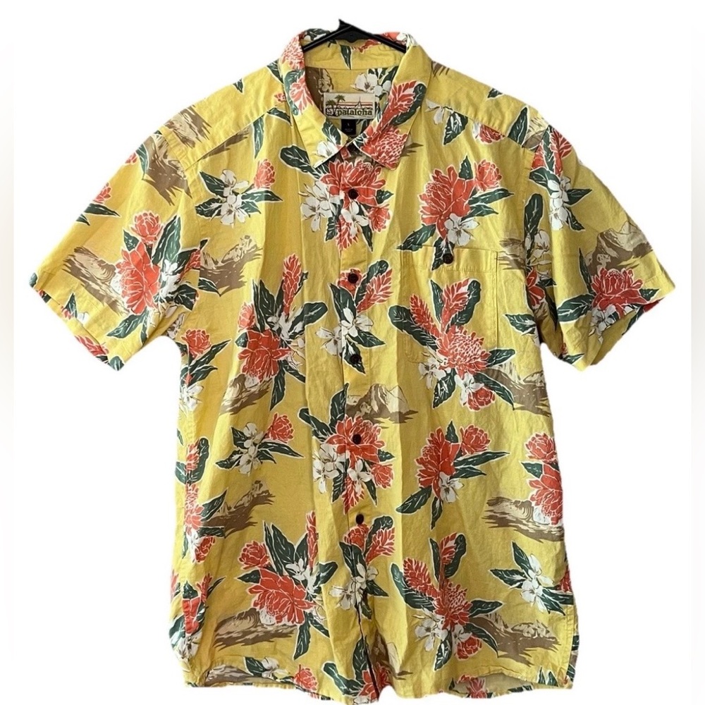 Patagonia Pataloha Men's Large Floral Organic Cotton Hawaiian Shirt Yellow Red